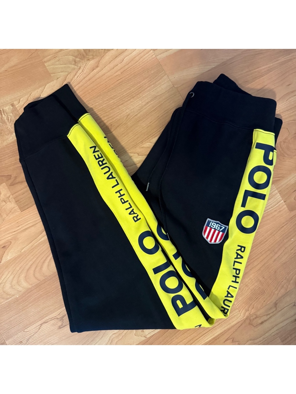 Polo Ralph Lauren Black Jogger Sweatpants with Yellow Side Stripe